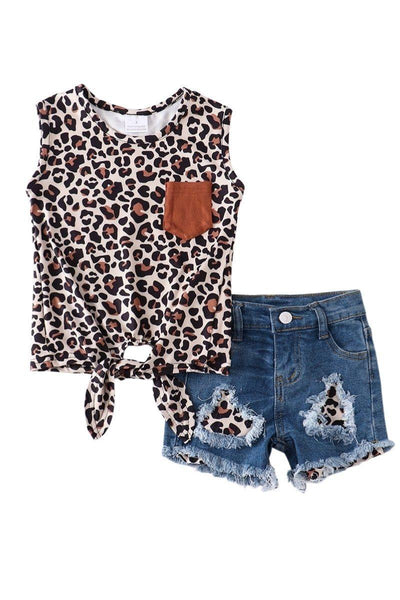 Little Girls Leopard and Denim Short Set Front - Che' Demi Couture