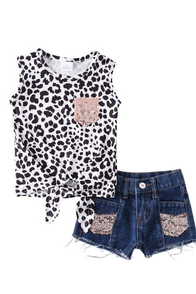 Princess Abigail Toddler Girls Black Leopard Sequin Top and Denim Short Set - Che' Demi Couture