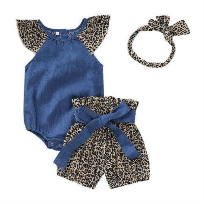 Baby Girl Leopard & Denim 3PC Romper Outfit
