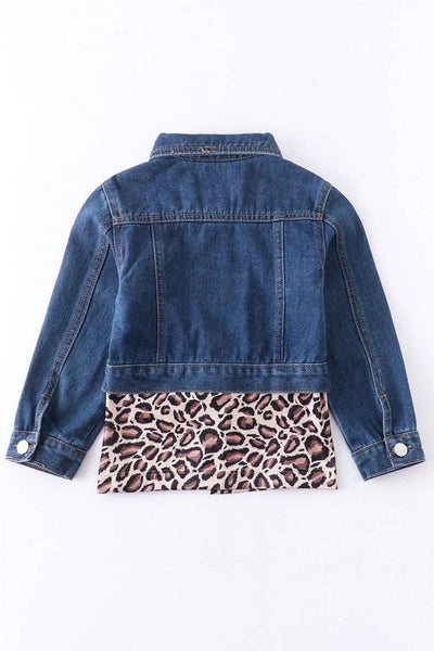 Toddler Girls Denim Leopard Button Down Jacket - Back - Che' Demi Couture