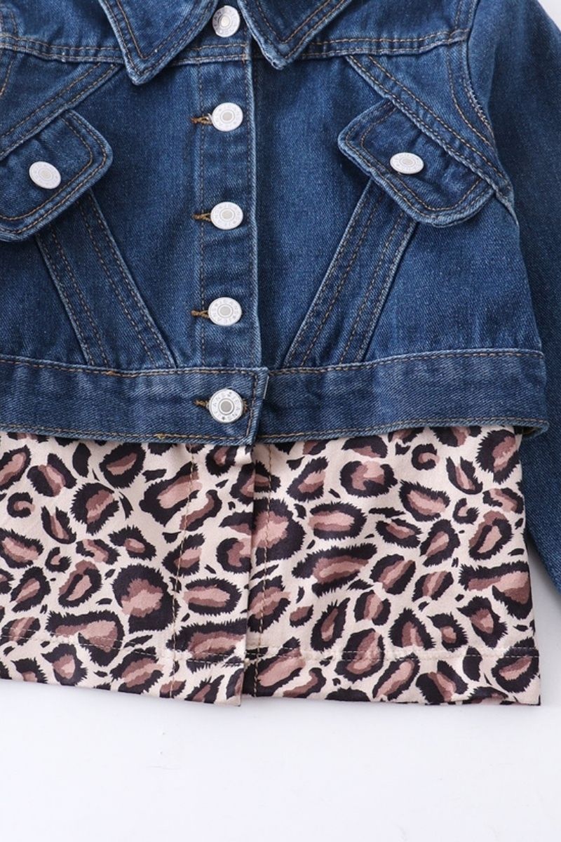 Toddler Girls Denim Leopard Button Down Jacket - Details - Che' Demi Couture