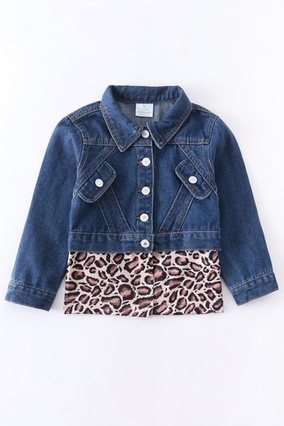 Toddler Girls Denim Leopard Button Down Jacket - Che' Demi Couture