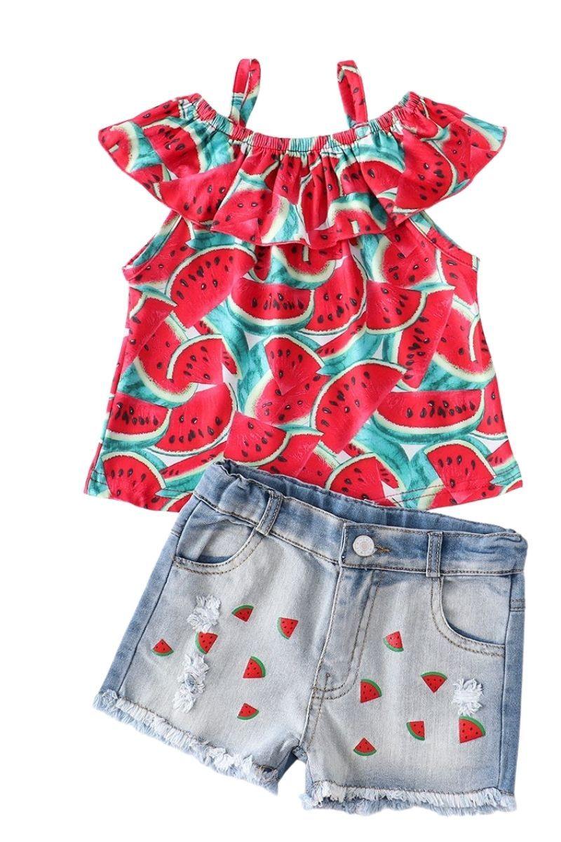 Princess Addison Toddler Girls Watermelon Top and Denim Short Set - Che' Demi Couture